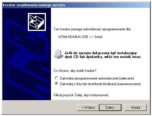 Proces instalacji sterowników: Podłącz SID1812E przewodem USB do komputera, system Windows