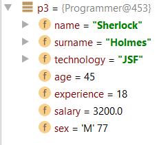 Programmer p3 = new Programmer("Sherlock", "Holmes", "JSF", 45, 18, 3200.00, 'M'); Jak widać, pomimo zmian w strukturze konstruktora, jego działanie jest identyczne. UWAGA!