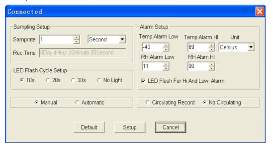 Alarm Setup ustawienia progów alarmowych dla temperatury i wilgotności LED Flash For Hi And Low Alarm informacja optyczna (czerwona dioda LED) o przekroczeniu progu alarmowego.