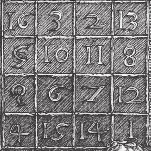 2. Matematyk T.E. Lebeck zbudował kwadrat magiczny widoczny z lewej strony. Następnie każdą liczbę w tym kwadracie zastąpił cyfrą rozwinięcia liczby π o numerze wskazanym przez tę liczbę, np.