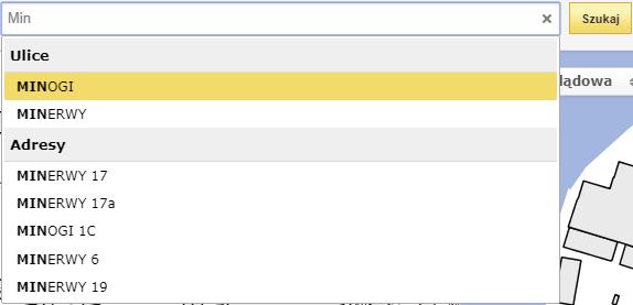 Rysunek 34 Wyszukiwanie ulicy - lista podpowiedzi Kliknięcie lewym