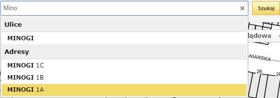 3.6.2 Wyszukiwanie punktu adresowego W celu odnalezienia w Panelu widoku mapy konkretnego punktu adresowego, w Panelu wyszukiwania należy wpisać nazwę ulicy wraz z numerem adresowym, a następnie