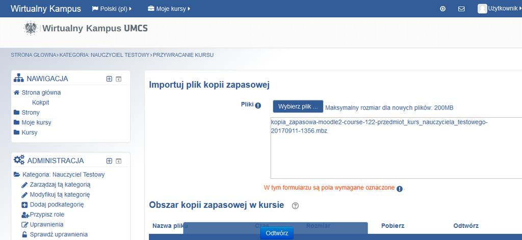 Rys. 3. Importowanie kopii zapasowej kursu i odtwarzanie kursu Po kliknieciu w przycisk Odtwórz automatycznie przejdziemy do procedury Przywaracanie kursu.