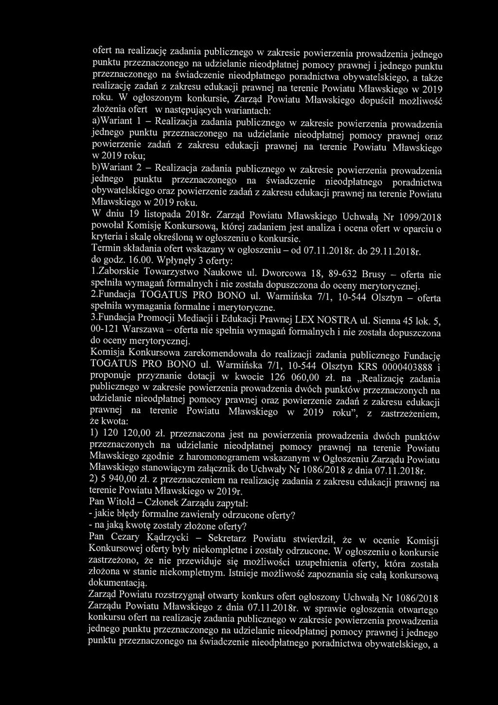 ofert na realizację zadania publicznego w zakresie powierzenia prowadzenia jednego punktu przeznaczonego na udzielanie nieodpłatnej pomocy prawnej i jednego punktu przeznaczonego na świadczenie