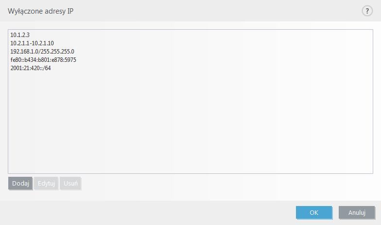 4.2.3.3 Wyłączone adresy IP Pozycje na liście zostaną wyłączone z filtrowania zawartości protokołów.