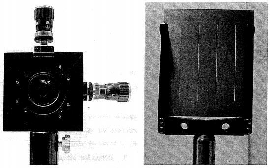 Rysunek 10. Badane obiekty: otwór o średnicy 20 µm (po lewej) oraz płytka ze szczelinami o szerokościach 100, 150, 200 i 250 µm.