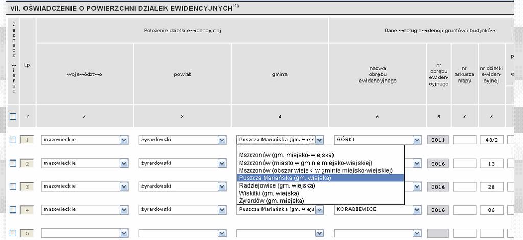 Wypełnianie wniosku oświadczenie o powierzchni działek ewidencyjnych Jeśli wniosek składany był w poprzednim roku, sekcja VII jest wstępnie wypełniona danymi działek ewidencyjnych zgłoszonych do