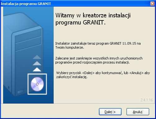 Rysunek 3.1 Po kliknięciu przycisku Dalej mamy okienko dotyczące wyboru typu instalacji(rys. 3.2).