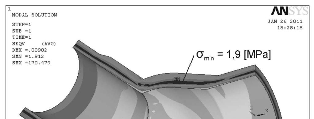 118 Rys. 13. Rozkład zredukowanych naprężeń cieplnych w trójniku dla czasu 150 [s] w [MPa] Fig. 13. Von Mises thermal stress distribution in the thick-walled T-pipe at 150 [s] in [MPa] Najwyższe naprężenia cieplne pojawiły się po czasie 150 [s] od rozpoczęcia symulacji.