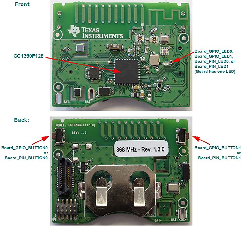 Rysunek 1. Płytka zestawu CC1350 SensorTag (wersja CC1350STKEU) [9] 9-osiowy (akcelerometr, żyroskop, kompas) czujnik ruchu MPU-9250 (InvenSensor). Czujnik ciśnienia atmosferycznego BMP280 (Bosch).