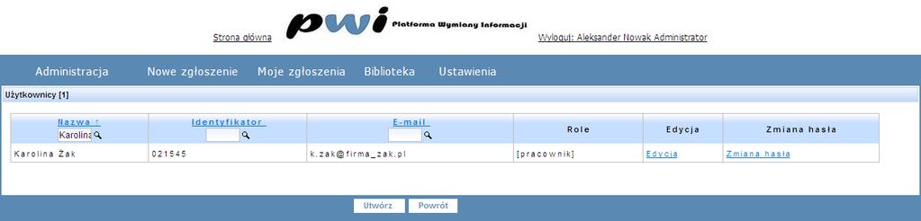 Rysunek 16 Opcja użytkownicy Następnie za pomocą przycisku [ZMIANA HASŁA] należy