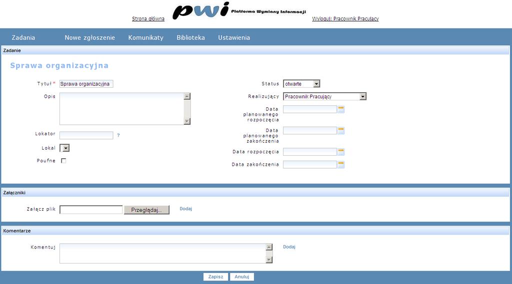 b. Skarga Z poziomu opcji Skarga w menu Nowe zgłoszenie zgłosić skargę w systemie. System wymaga uzupełnienia pola Tytuł podczas zgłaszania skargi. Wypełnienie pozostałych pól jest opcjonalne.