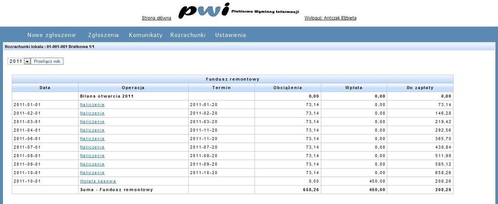rozrachunków pozwala zobaczyć lokatorowi jego naliczenia, wpłata i