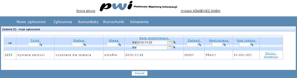 Rysunek 9 Widok ukończonego zadania 3. Obsługa systemu a. Panel logowania W celu uruchomienia aplikacji PWI w oknie przeglądarki należy w pasku adresu wpisać adres serwera PWI.