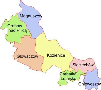 Obszar działania Stowarzyszenie swoim zasięgiem obejmuje 7 gmin: Kozienice, Magnuszew, Grabów nad Pilicą Głowaczów, Garbatka Letnisko, Sieciechów, Gniewoszów.