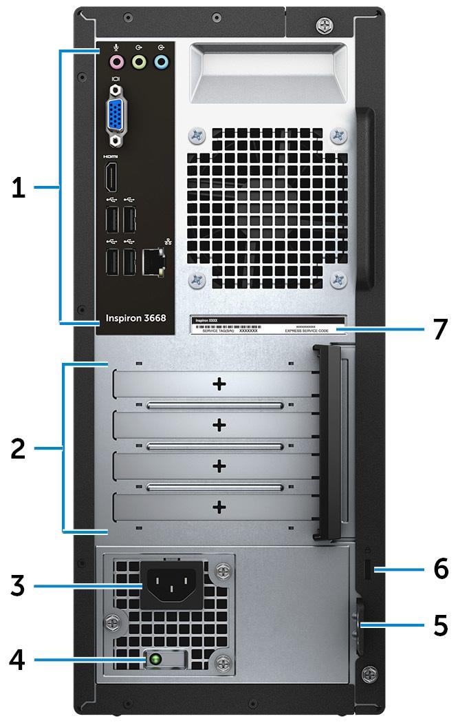 Tył 1 Panel tylny Służy do podłączania urządzeń USB, audio, wideo i innych. 2 Gniazda kart rozszerzeń Umożliwiają dostęp do portów w dowolnych zainstalowanych kartach PCI Express.