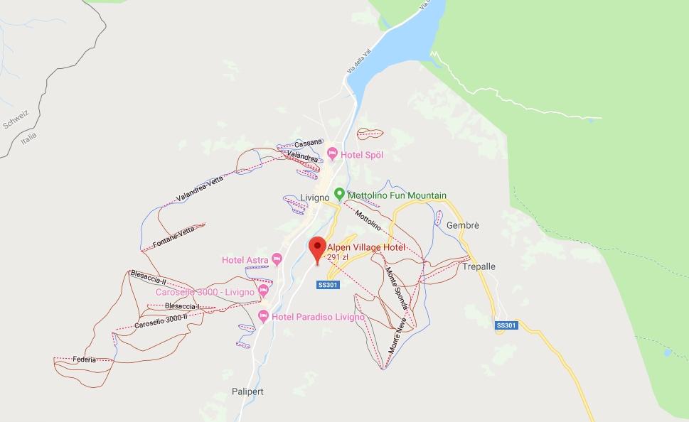 Lokalizacja obiektu Alpen Village Hotel jest 3-gwiazdkowym obiektem usytuowanym 1,6km od wyciągu Mottolino, oraz 2,3 km odwyciagu Carosello 3000.