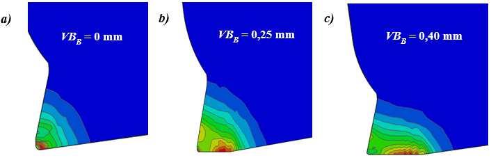 582 N. Znojkiewicz, M. Madajewski Rys. 6. Rozkład gęstości strumienia ciepła dla płytki Korloy przy: a) VBB = 0 mm, b) VBB = 0,25 mm, c) VBB = 0,40 mm [W/m 2 ] Fig. 6. Distribution of heat flux density for the Korloy insert at: a) VBB = 0 mm, b) VBB = 0.