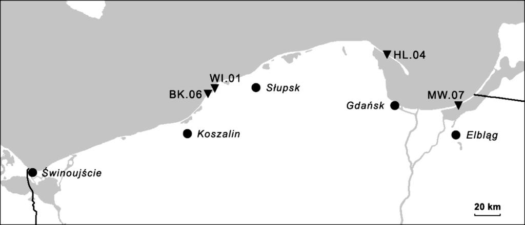 Rys. 1. Położenie punktów badań terenowych Akcji Bałtyckiej w roku 2010 Fig. 1. Location of the Operation Baltic field stations in 2010 poprzecinane są pasami i kępami zakrzaczeń.