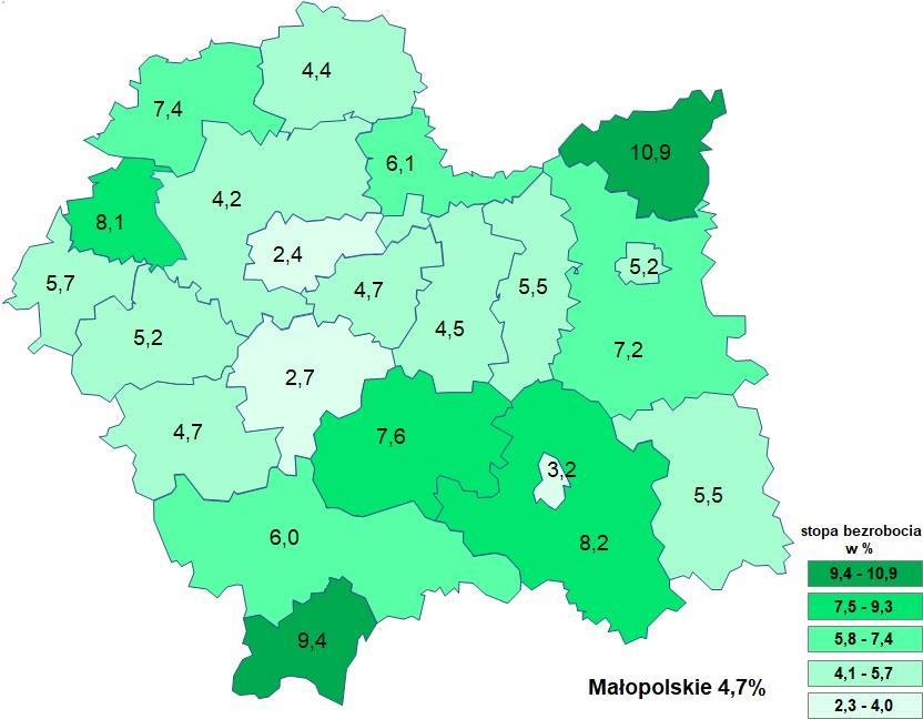Bezrobocie w Małopolsce 15 Stopa bezrobocia rejestrowanego zarówno w Małopolsce, jak i w Polsce, od 2014 r. obniża się. Na koniec 2018 r.