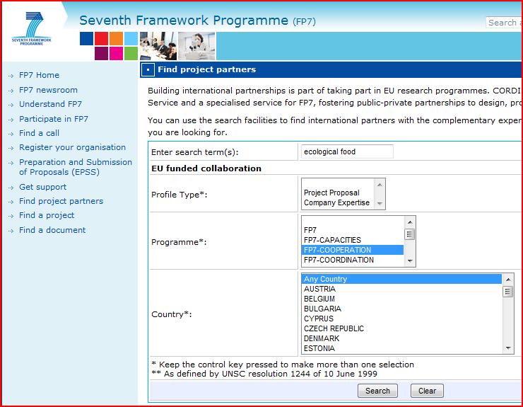 FP7 Пошук партнера Wyszukiwanie potencjalnych partnerów. Wpisano termin ecological food. Zaznaczono FP7 Cooperation oraz any country.