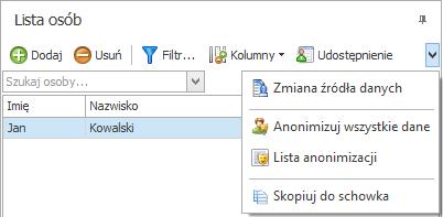 Kartoteka Osoby Na oknie kartoteki Osoby dodano przycisk Anonimizuj wszystkie dane uruchamiający anonimizację danych osobowych wszystkich osób w systemie Sage Symfonia ERP.