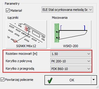 Można wybrać również jaki ma być rozstaw podpór