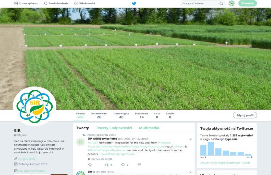 postów 377 Bieżące informowanie na portalu o innowacjach w rolnictwie i na obszarach wiejskich Ilość obserwujących profil SIR