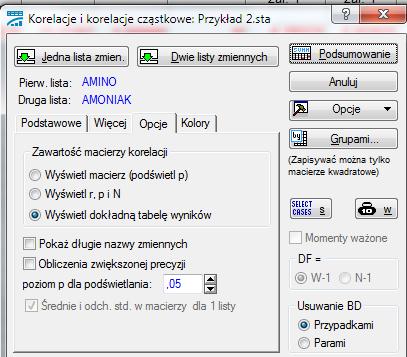 W efekcie otrzymamy współczynnik korelacji Pearsona. Jeśli jest on statystycznie istotnie różny od zera liczba wyświetli się na czerwono.