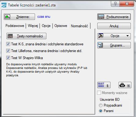 Wybranie przycisku testy normalności spowoduje przeprowadzenie analizy, w której znajdziemy