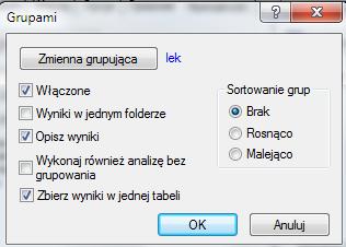 Jeśli analizę rozkładu normalności chcemy przeprowadzić grupami, wybieramy dodatkowo zmienną