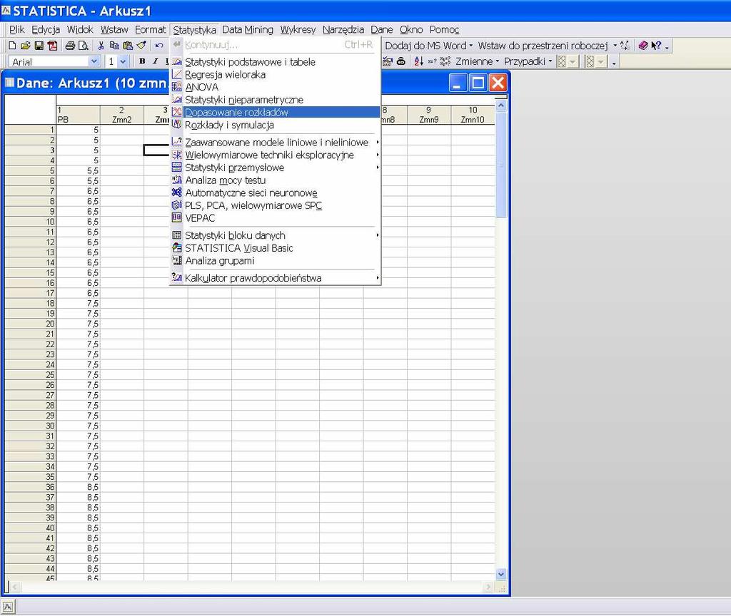Obliczenia w pakiecie STATISTICA Z menu głównego
