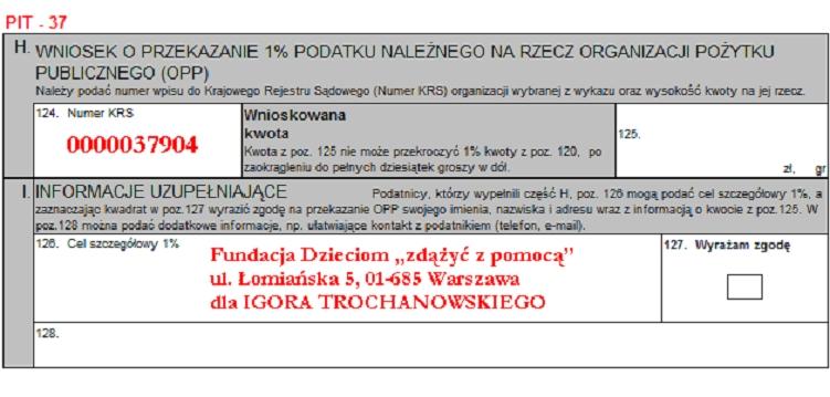 Każda złotówka jest na wagę zdrowia i przybliża Igorowi możliwość normalnego życia By przekazać darowiznę wystarczy w zeznaniu podatkowym wpisać : w poz.