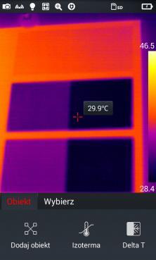 Dostępny jest pomiar temperatury różnych obiektów analizy, takich jak obiekty liniowe, prostokątne, okrągłe i punktowe.