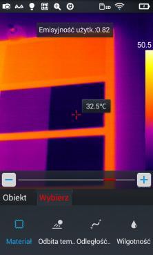 Ta regulacja wartości zastosuje odpowiedni kontrastujący kolor dostosowując go w obrazie w czasie rzeczywistym. Regulowanie zakresu skali temperatury przez naciśnięcie przycisku wirtualnego "w prawo.