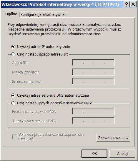połączenia, skonfiguruj wersję protokołu "Protokół internetowy w wersji 4 (TCP/IPv4)" jako "Uzyskaj adres