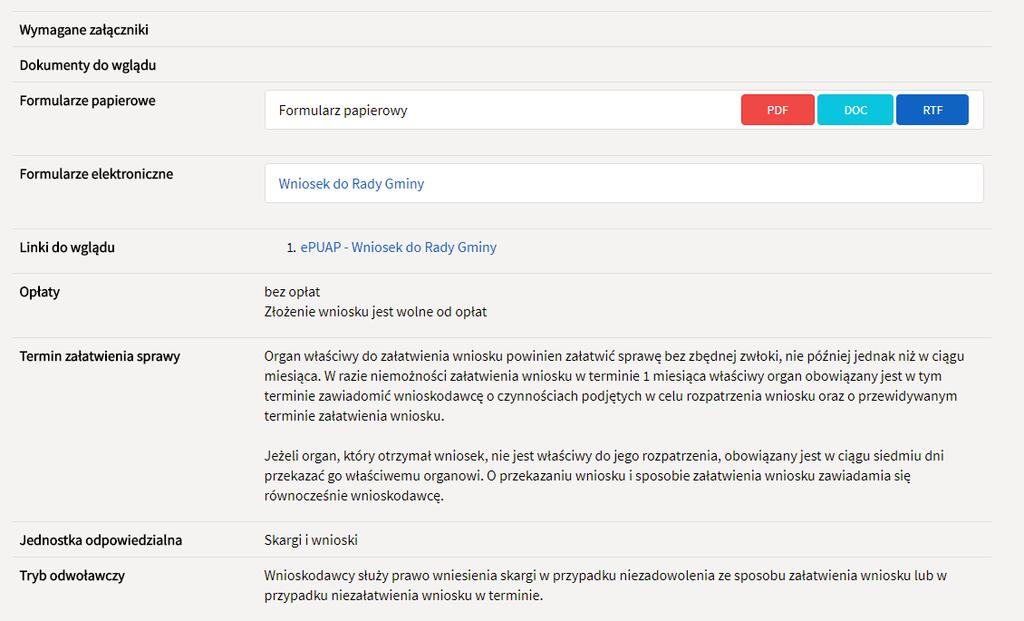 Karta Usług zawiera informacje takie jak podstawa prawna, wszystkie wymagane wnioski oraz załączniki potrzebne do załatwienia sprawy, informuje o dokumentach do wglądu, a także linki.