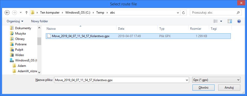 Kolejnym krokiem będzie wskazanie pliku ze śladem.