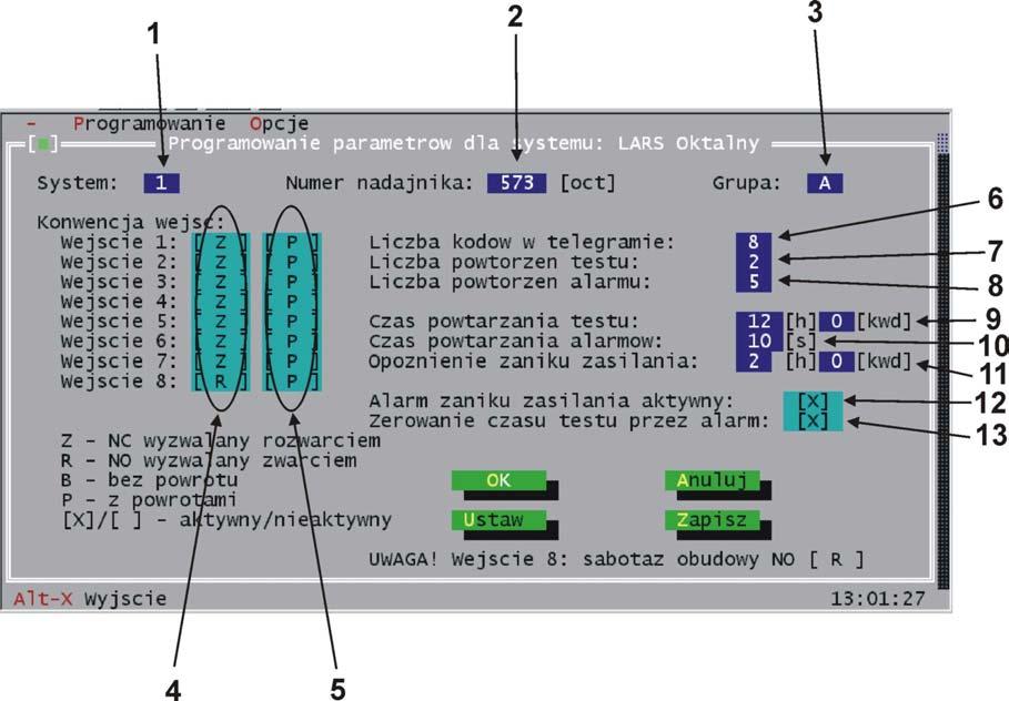 Ustawienia parametrów sygnału w systemie. System LARS oktalny 1. System - numer systemu, wartości z zakresu 0 3 2. Numer nadajnika - indywidualny numer nadajnika w zapisie oktalnym (000-777) 3.