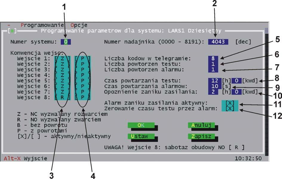 System LARS1 decymalny 1. System - numer systemu, wartości z zakresu 0 7 2. Numer nadajnika - indywidualny numer nadajnika w zapisie decymalnym (0000-9999) 3. Określa stan normalny wejść alarmowych.