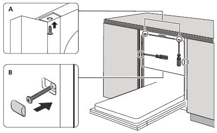 Krok 4. Etapy montażu zmywarki Kolejne kroki instalacji znajdują się na rysunkach instalacyjnych. 1. Zamocować taśmę do skroplin pod powierzchnią roboczą szafki.