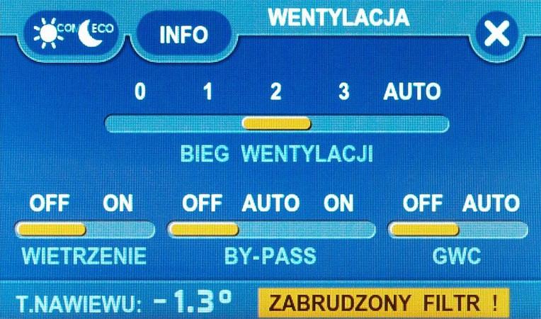 Na ekranie wentylacji migający napis ZABRUDZONY FILTR! na dolnym pasku. 3.