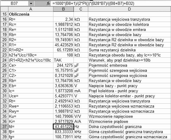 Rozdzia 3. Wzmacniacze 49 Rysunek 3.10. Wyliczone warto ci elementów i parametrów wzmacniacza Zmienia mo esz dane znajduj ce si w cz ci arkusza pokazanej na rysunku 3.9. Wyniki oblicze nie uwzgl dniaj rzeczywistej warto ci elementów dost pnych w szeregu.