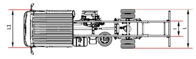 podwozia L 2115 Szerokość kabiny (2) L1 2040 Szerokość zabudowy (3) C 2435 Szerokość ramy I 850 Rozstaw kół przednich C1 1680 Rozstaw kół tylnych C2 1650 Masa podwozia z kabiną (4) Kg 3160 Nacisk na