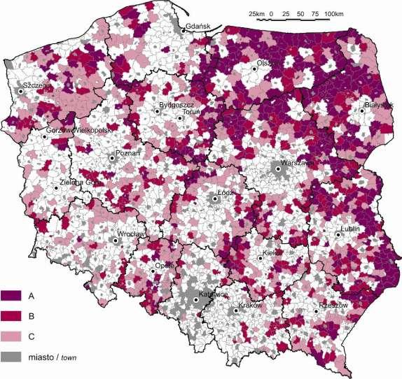 Obszary odpływu ludności A obszary wiejskie o stałym i silnym odpływie ludności (9 lub 10 lat z ujemnym saldem migracji i odpływ ponad 5% liczby ludności w okresie 1998 2007, B obszary wiejskie o