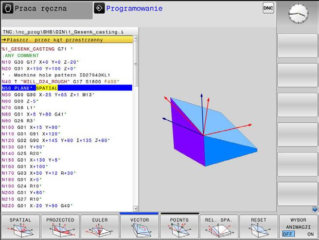 11 Obróbkawieloosiowa Funkcja PLANE: nachylenie płaszczyzny obróbki (opcja #8) Funkcję PLANE zdefiniować wyświetlić pasek softkey z funkcjami specjalnymi Softkey PLASZCZ.