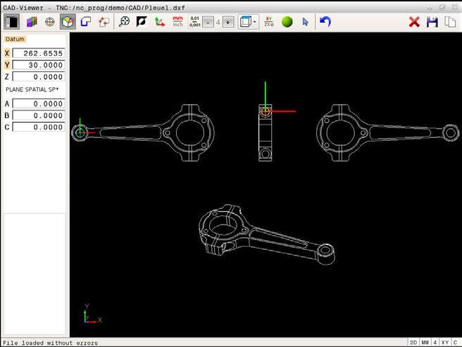 12 Przejęcie danych z plików CAD CAD-Viewer (opcja #42) Orientowanie układu współrzędnych Położenie układu współrzędnych określamy poprzez ustawienie osi.