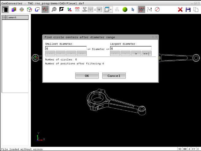 12 Przejęcie danych z plików CAD CAD-Viewer (opcja #42) Ustawienia filtra Po zaznaczeniu pozycji wiercenia poprzez szybki wybór, sterowanie pokazuje okno napływowe, w którym z lewej strony zostaje