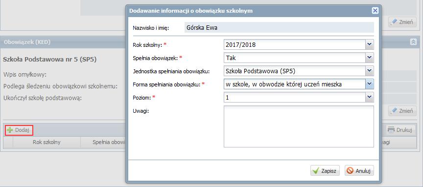 UONET+. Gromadzenie danych uczniów 12/23 W przypadku szkół podstawowych na karcie Miejsce w szkole, w sekcji Obowiązek (KED) co roku odnotowuje się jednostkę i formę spełniania obowiązku.