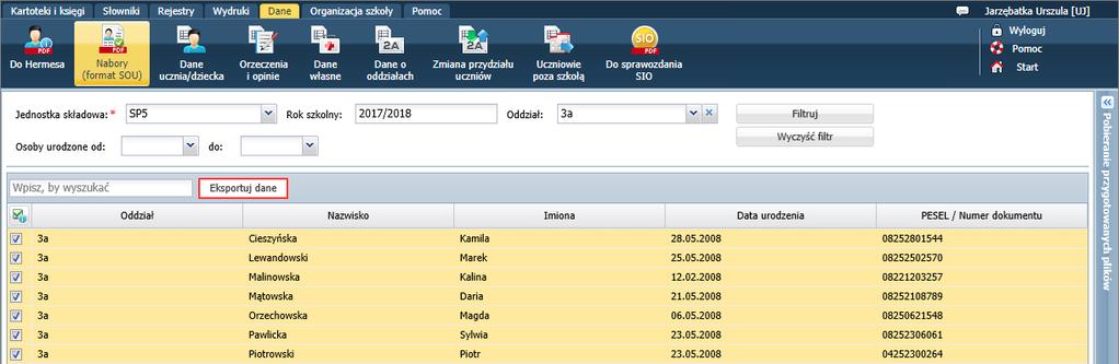 Eksport danych do Hermesa, eksport danych uczniów w formacie SOU W widoku Dane/ Do Hermesa przygotowuje się pliki z danymi uczniów dla aplikacji Hermes. Zobacz poradę: Jak eksportować dane do Hermesa?